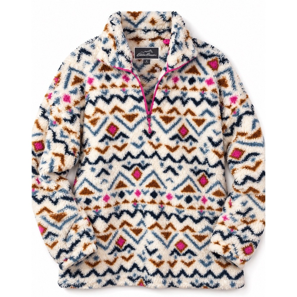 Eddie Bauer Women's XL Sherpa Fleece Quarter-Zip Pullover Southwestern Geometric - Picture 2 of 9